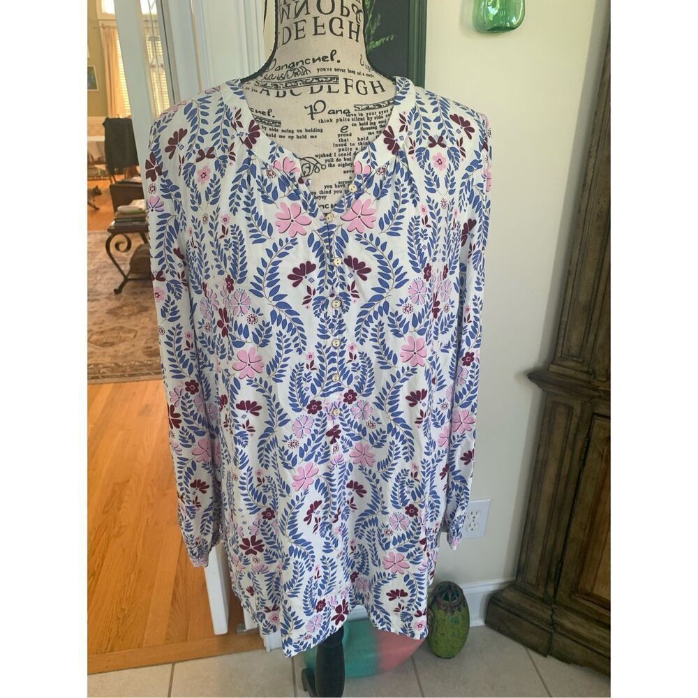 Talbots Tunic Blouse BLUE PINK Floral Long Sleeve